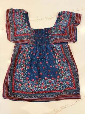 Lotus Smocked Boho Floral Border Print Top Blue Size L